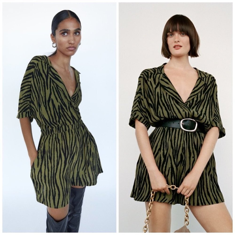 Zara Green animal zebra print short jumpsuit romper size XS